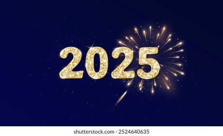 Happy New Year background. 2025 golden glitter numbers. Night sky with shiny fireworks explosion. Holiday decoration. For calendars, party posters, Christmas season campaigns and social media. Vector.