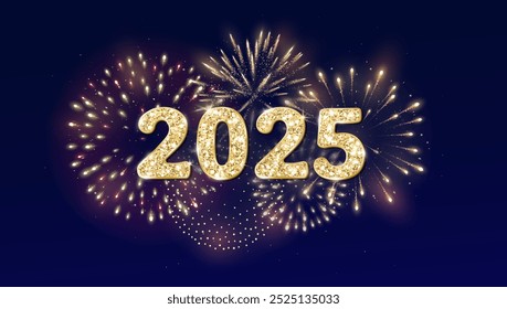 Happy New Year background. 2025 golden glitter numbers. Night sky with shiny fireworks explosion. Holiday decoration. For calendars, party posters, Christmas season campaigns and social media. Vector.