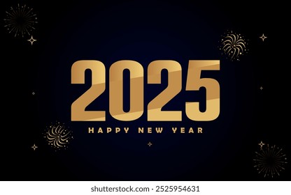 Happy New Year background 2025 shiny golden numbers on black background.