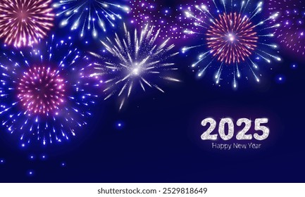Happy New Year background. 2025 white glitter numbers. Night sky with shiny fireworks explosion. Holiday decoration. For calendars, party posters, Christmas season campaigns and social media. Vector.