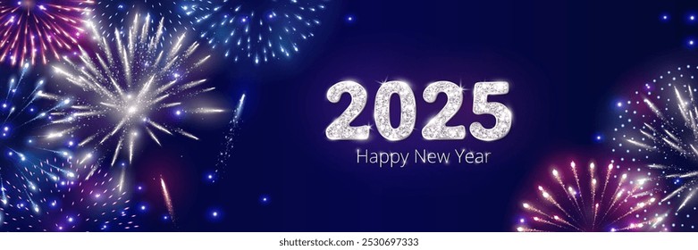 Happy New Year background. 2025 white glitter numbers. Night sky with shiny fireworks explosion. Holiday decoration. For calendars, party posters, Christmas season campaigns and social media. Vector.