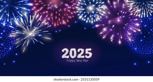 Happy New Year background. 2025 white glitter numbers. Night sky with shiny fireworks explosion. Holiday decoration. For calendars, party posters, Christmas season campaigns and social media. Vector.