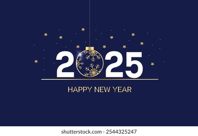 Happy New Year background. 2025 number with golden ball and golden happy new year lettering on the dark blue background. New Year greeting template for social media and typography. Holidays concept.