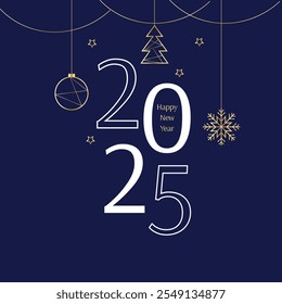 Feliz Año Nuevo de fondo. Número de 2025 con bola de oro y letras doradas de feliz año nuevo sobre el fondo azul oscuro. Plantilla de saludo de Año Nuevo para medios sociales y tipografía. Concepto de Días festivos.