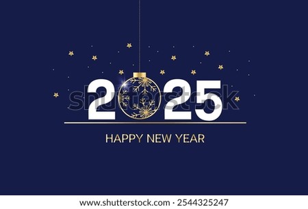 Happy New Year background. 2025 number with golden ball and golden happy new year lettering on the dark blue background. New Year greeting template for social media and typography. Holidays concept.