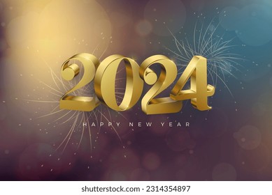 Happy new year background, With 3d luxury golden numbers illustration. Bokeh background, colorful with shiny firecrackers.