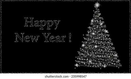 Happy New Year background with abstract Christmas tree isolated on black