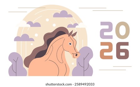 Happy New Year background with abstract horse in nature and numbers 2026. Year of the Horse. Modern greeting card. Illustration
