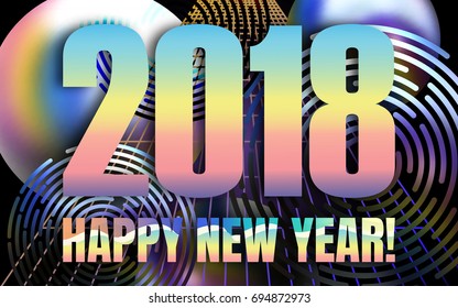  Happy New Year Background with abstract liquid bubbles  and lines, 80s memphis geometric style flat and 3d design elements. Retro art.