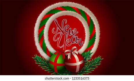 Happy New Year Background with Balls, Red ribbon and Bow. Xmas Banner vector template. Merry Christmas Illustration. Wreath Greeting card, invitation with Christmas tree branches and fur garland.