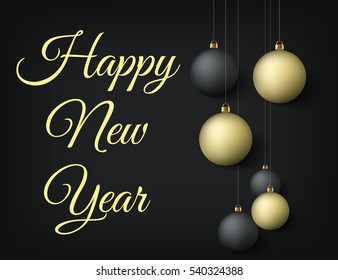 Happy New Year background with black and golden balls, premium gold style invitation card or poster design. Vector, eps 10