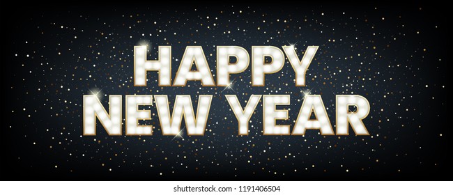 Happy new year background with blur golden bokeh light effect. Glowing letters with light bulbs and a gold outline.