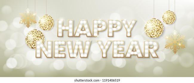 Happy new year background with blur golden bokeh light effect. Glowing letters with light bulbs and a gold outline.