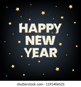 Happy new year background with blur golden bokeh light effect. Glowing letters with light bulbs and a gold outline.