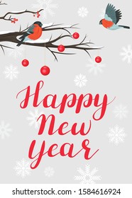 Happy New Year. Background with bullfinches, snowy branches and red balls
