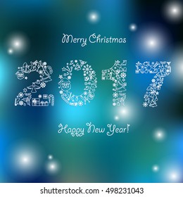 Happy New Year background. Calendar template. Colorful, hand drawn paper typeface on celebration background. Greeting card. Vector illustration. 2017