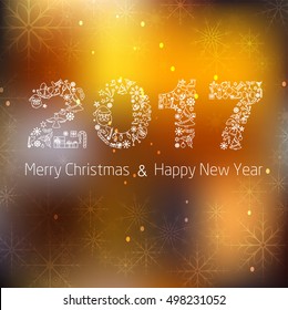 Happy New Year background. Calendar template. Colorful, hand drawn paper typeface on celebration background. Greeting card. Vector illustration. 2017