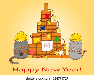 Happy New Year background. Card template. Congratulation for a contraction company. Hand drawn vector illustration. 