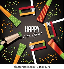 Happy New Year background card design with champagne, confetti and noisemakers. EPS 10 vector Royalty free illustration.