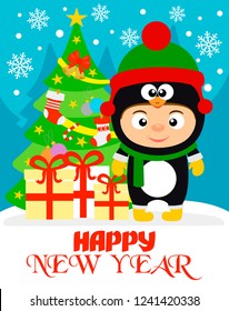 Happy New Year background with child in costume penguin.Vector illustration