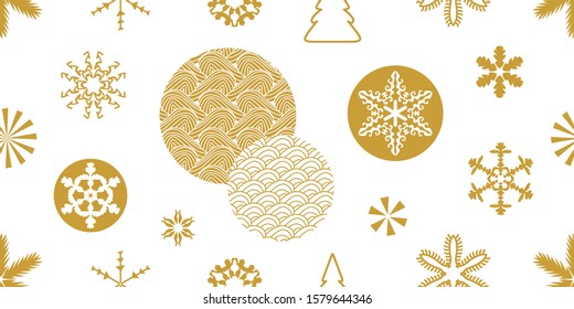 Happy New Year Background with Chinese motifs. Seamless vector pattern with ornate circles, snowflakes, fir trees. Template for gift wrappings, cards, flyers.