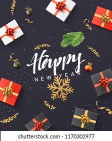 Happy new year background. Christmas composition. gift box presents, confetti, golden snowflake and Xmas balls.