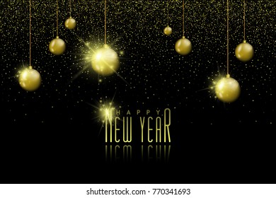 Happy New Year background with christmas balls and lights. Stock vector