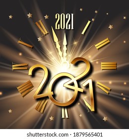 Feliz Año Nuevo con diseño de cara de reloj y números metálicos