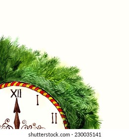 Happy New Year background with clock and fir branches. Watercolor New Year card.