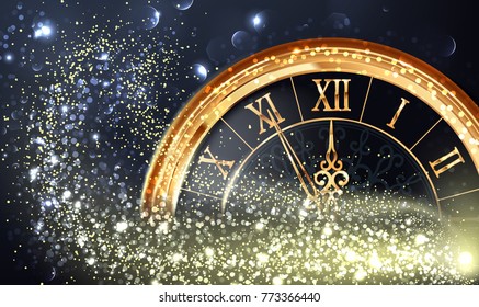 Happy New Year Background with Clock, Snowflakes, Stars and Bokeh Effect