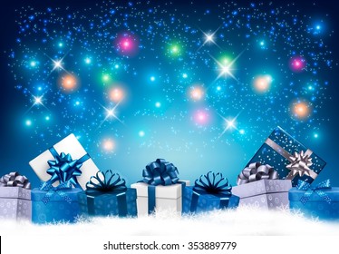 Happy New Year background with colorful presents and fireworks. Vector.