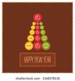 Happy New Year background concept with Christmas tree using textile buttons. Xmas nordic sewing poster, card, holiday. Vector Illustration 