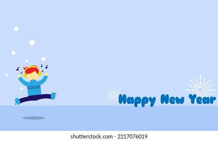 Happy new year background and copy space area with happy boy listening music in the snow. Suitable for new year's events