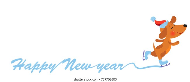 Happy New Year background with cute Dog in Santa hat skating, vector illustration