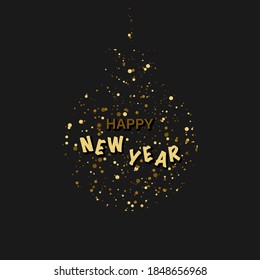Feliz Año Nuevo. Tarjeta de bienvenida oscura. Cartel o afiche Feliz Año Nuevo. bola de Navidad con confeti y texto. Ilustración del vector