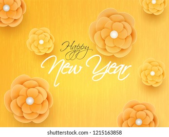 Happy New Year background decorated with flowers in yellow color.