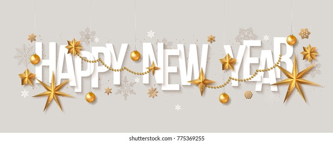 Happy New Year background decorated gold balls stars and snowflakes. Vector illustration
