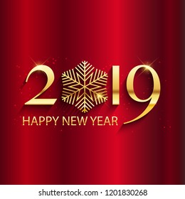 Happy New year background with decorative gold lettering and snowflake design