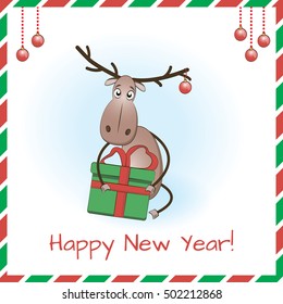 Happy New Year background with deer, gift box and christmas tree balls