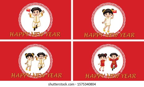 Diseño de fondo del año nuevo feliz con ilustración de niños y niñas