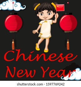 Happy new year background design with chinese girl illustration