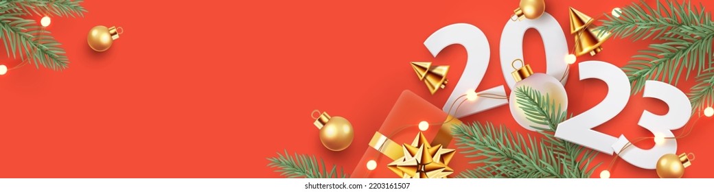 Happy New Year background design with realistic paper numbers 2023, gift box, golden conical Christmas trees, balls and spruce branches on orange red. Horizontal poster, banner, header for website