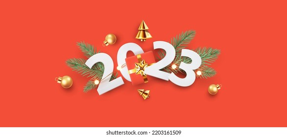 Happy New Year background design with realistic paper numbers 2023, gift box, golden conical Christmas trees, balls and spruce branches on orange red. Horizontal poster, banner, header for website