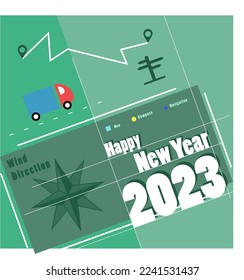 diseño de fondo feliz de año nuevo con elementos de auto, brújula y señales de tráfico. afiche, fondo abstracto, folleto, anuncio, cartel, publicación en medios sociales, tarjeta de saludo, volante