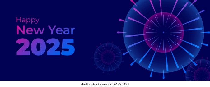 Diseño de fondo de feliz año nuevo con fuegos artificiales azules y rosados y luz