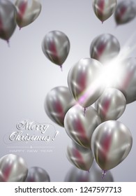 Happy New Year  background with floating party balloons. Merry Christmas vector illustration. Holiday abstract background with flying balloons and inscription Merry Christmas