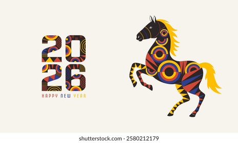 Happy New Year background with a geometric horse and the numbers 2026. Year of the Horse. Vector illustration.