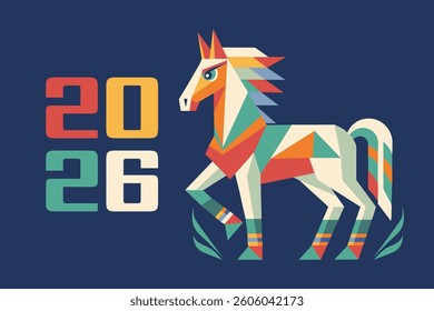 Happy New Year background with a geometric polygonal horse silhouette. Year of the Horse. Greeting card. Illustration.