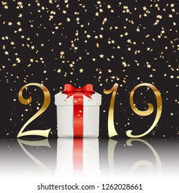 Happy New Year background with gift and golden letters