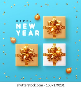Happy New Year background with gift box, golden bright stars and gold balls, Xmas bauble. Christmas realistic gift presents view top.